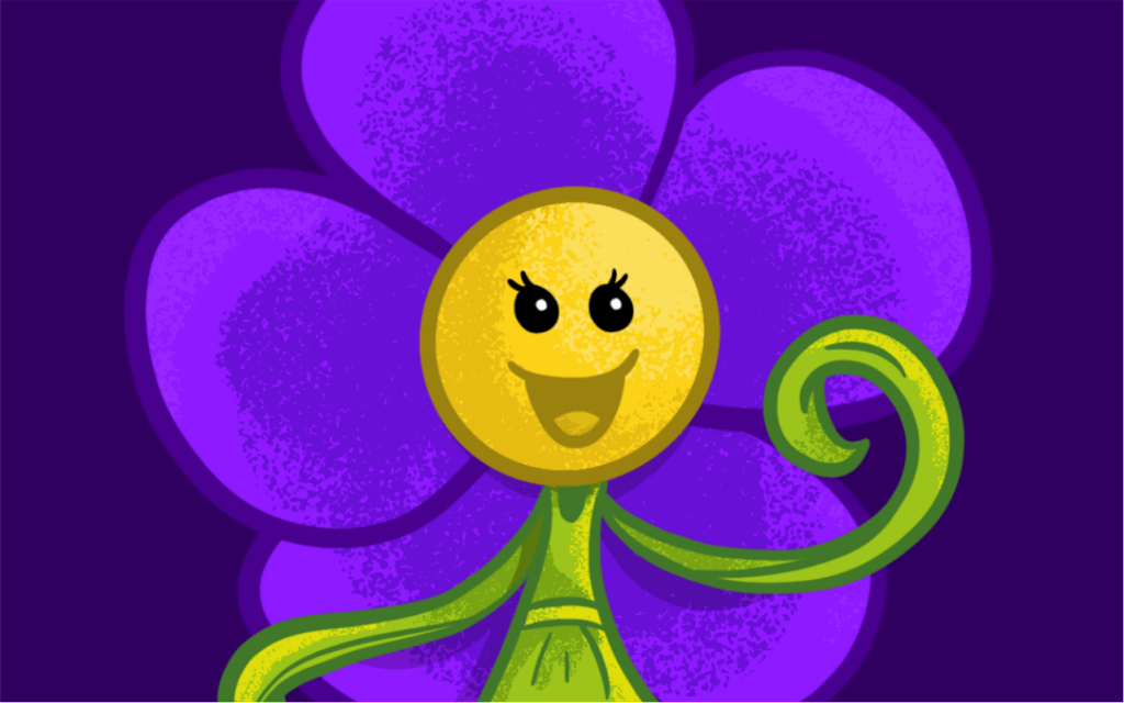 happy cartoon violet flower character drawn by artist Rick Martin