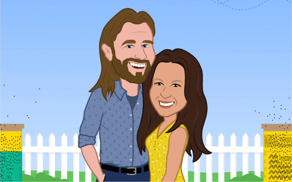 cartoon wedding portrait for wedding invitation, happy couple standing in backyard with pet cat and dog white fence and bee making heart around bee hives, darn by artist Rick Martin