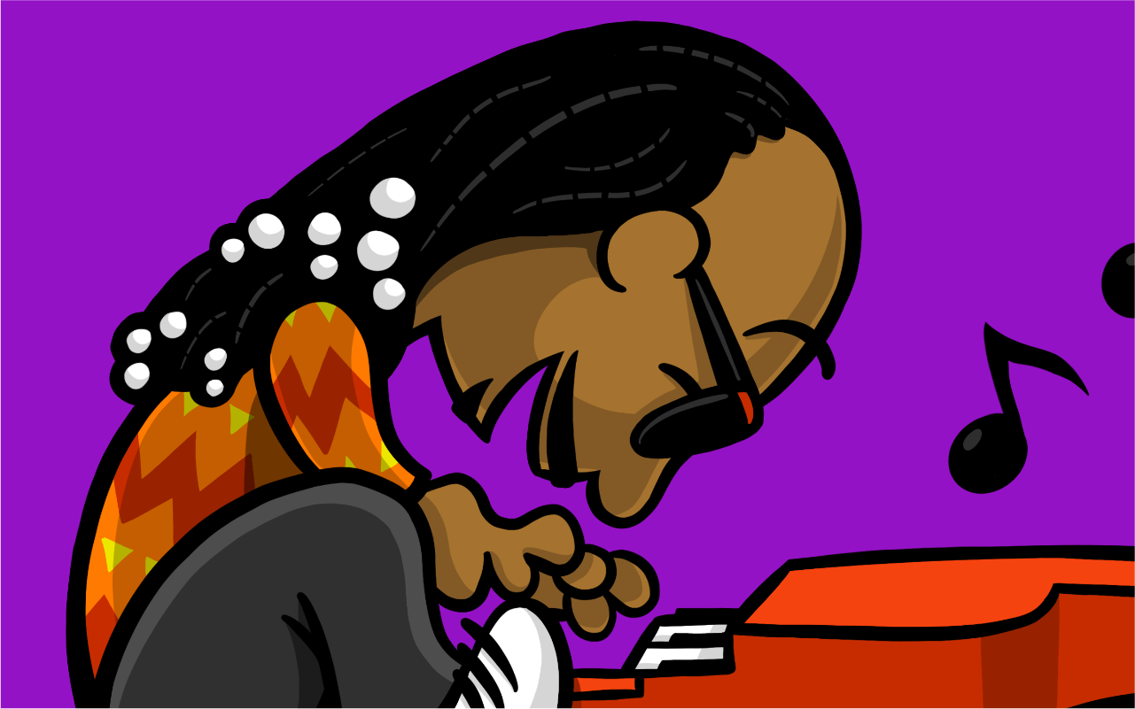 Cartoon parody of singer musician Stevie Wonder depicted as Schroeder from The Peanuts comic strip, playing piano iconic braids and glasses, parody cartoon drawn by artist Rick Martin