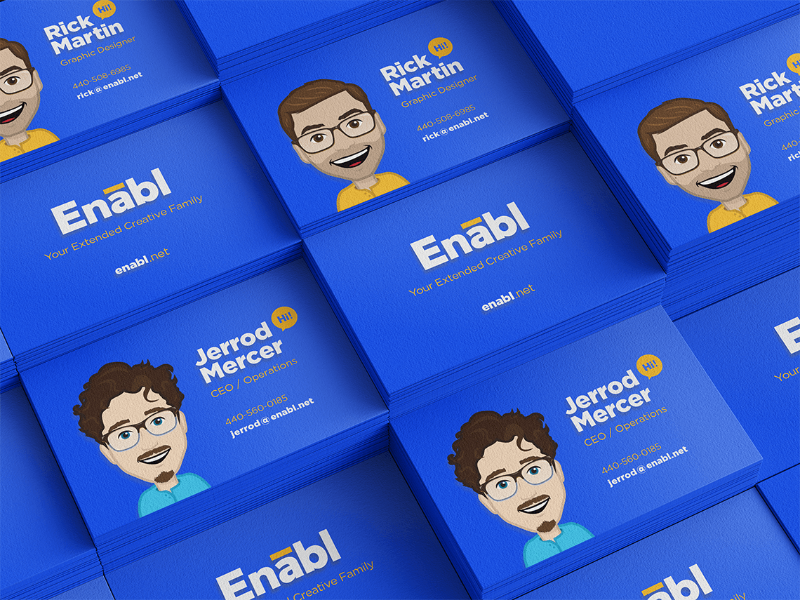 business card design featuring custom cartoon portraits and fun bold creative layout for creative design studio Enabl by graphic designer Rick Martin