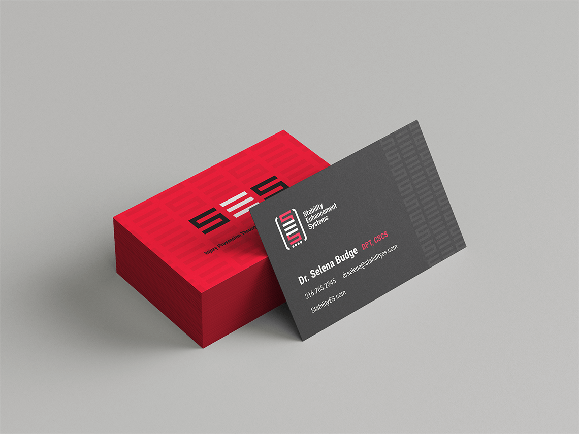 professional business card design and brand motif for premier athlete fitness and wellness personal trainer brand SES by freelance graphic designer Rick Martin