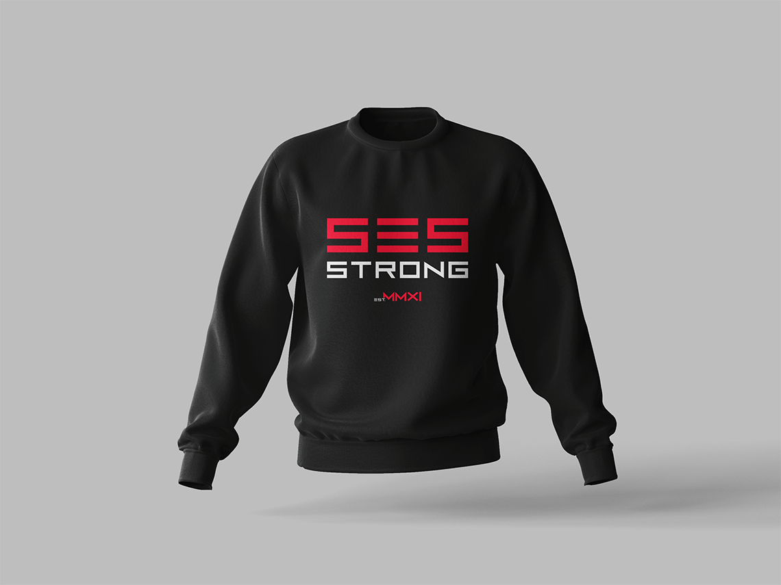 crewneck sweatshirt apparel design for premier athlete fitness and wellness personal trainer brand SES by freelance graphic designer Rick Martin