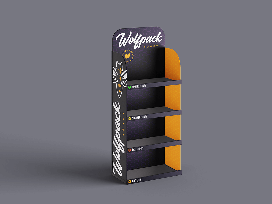 Packaging eye catching retail display for dynamic bold modern local Ohio honey company Wolfpack Honey by freelance graphic designer and illustrator Rick Martin