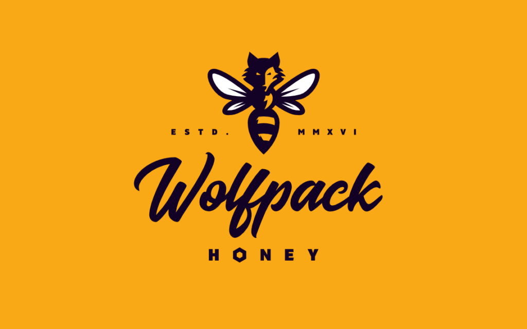 Creative vintage modern athletic dynamic wolf and bee logo design for dynamic bold modern local Ohio honey company Wolfpack Honey by freelance graphic designer and illustrator Rick Martin