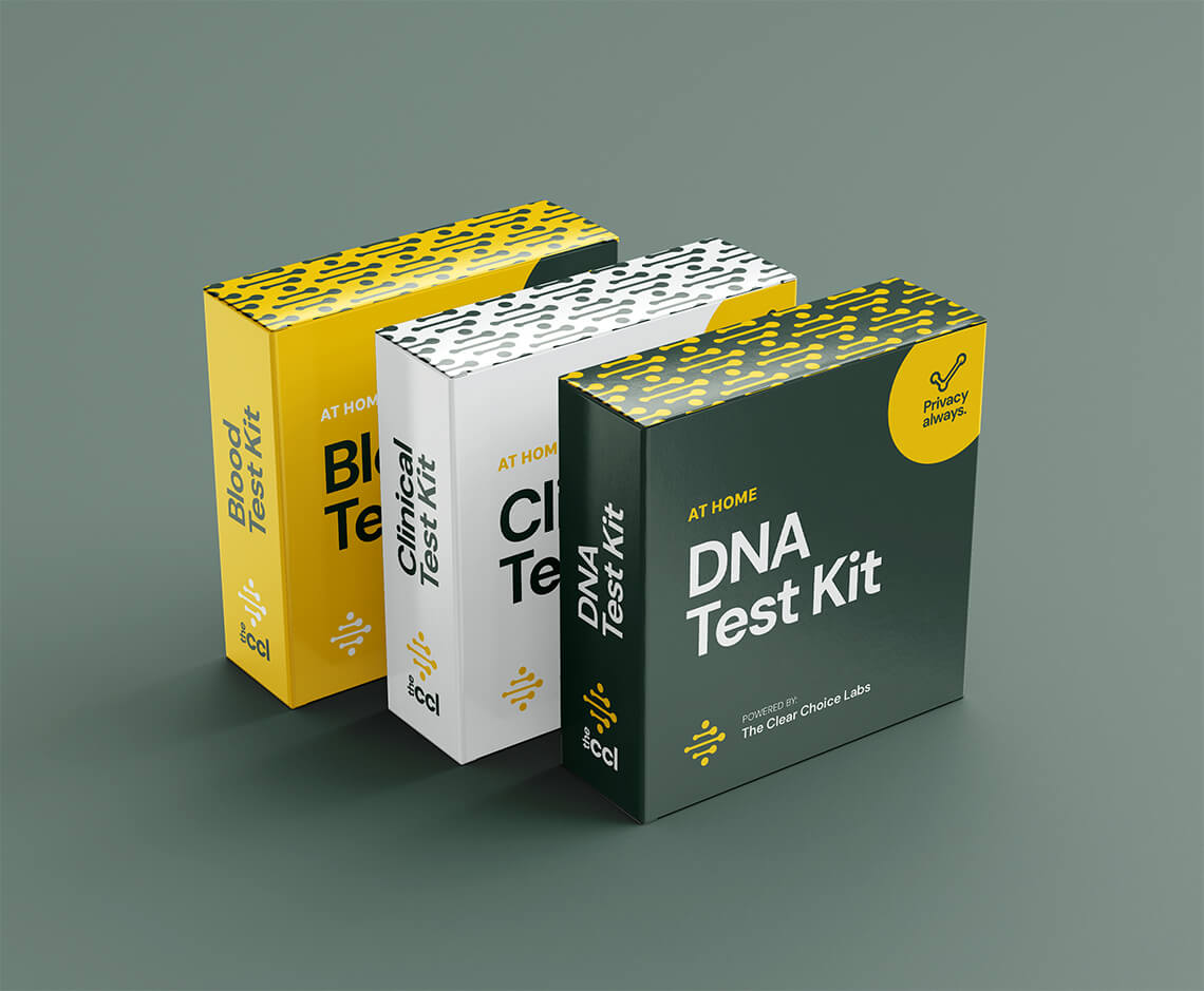 brand packaging box design for all-natural dna testing lab and holistic life coaching company by freelance graphic designer Rick Martin