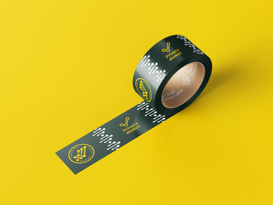 packaging tape with custom icon design for all-natural dna testing lab and holistic life coaching company by freelance graphic designer Rick Martin