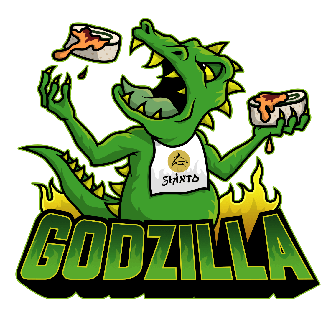 Cartoon Godzilla eating sushi roll mascot design for Japanese restaurant by artist illustrator and designer Rick Martin