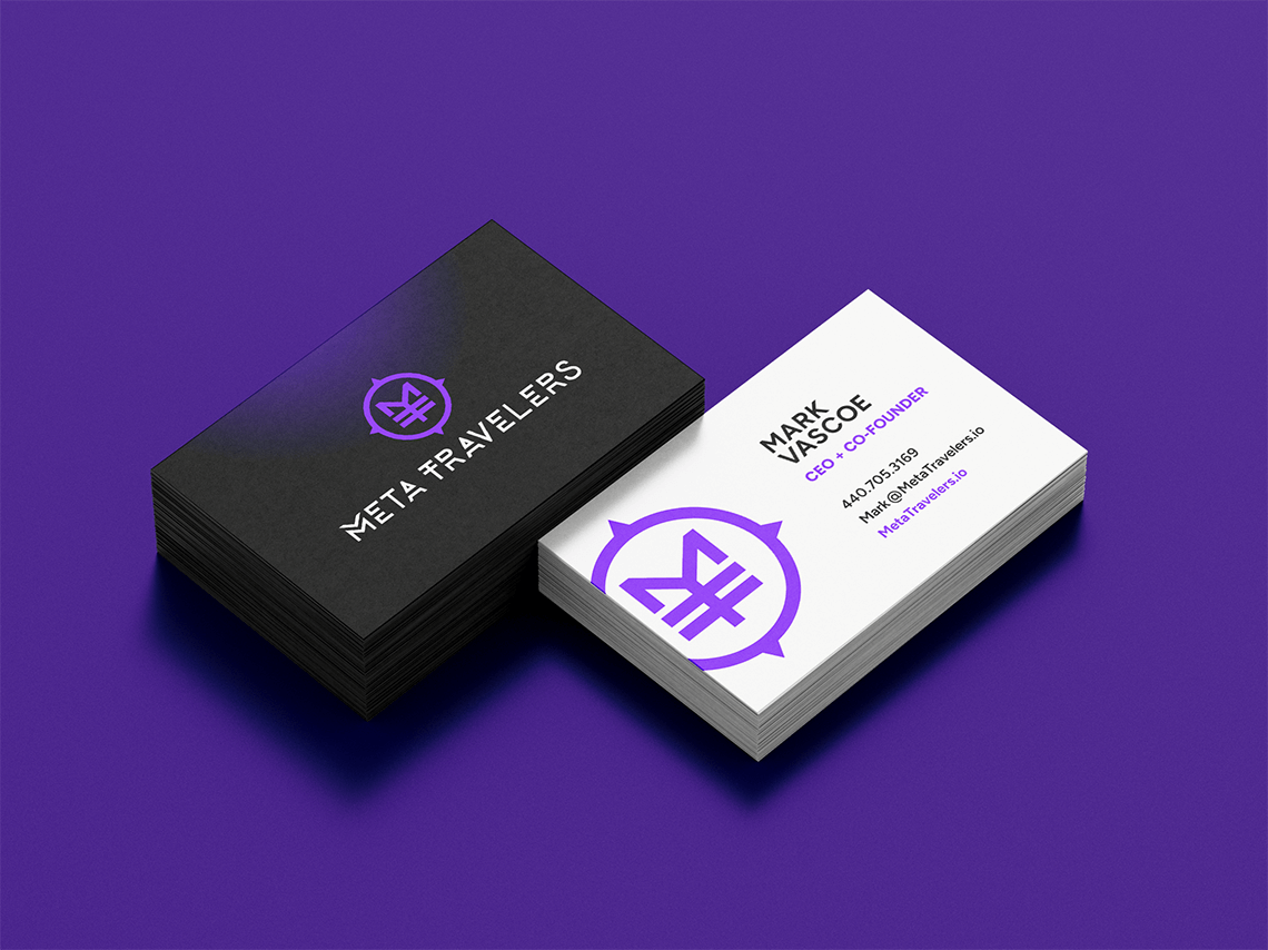 business card design for sci-fi comic book action figure brand MetaTravelers by graphic designer Rick Martin