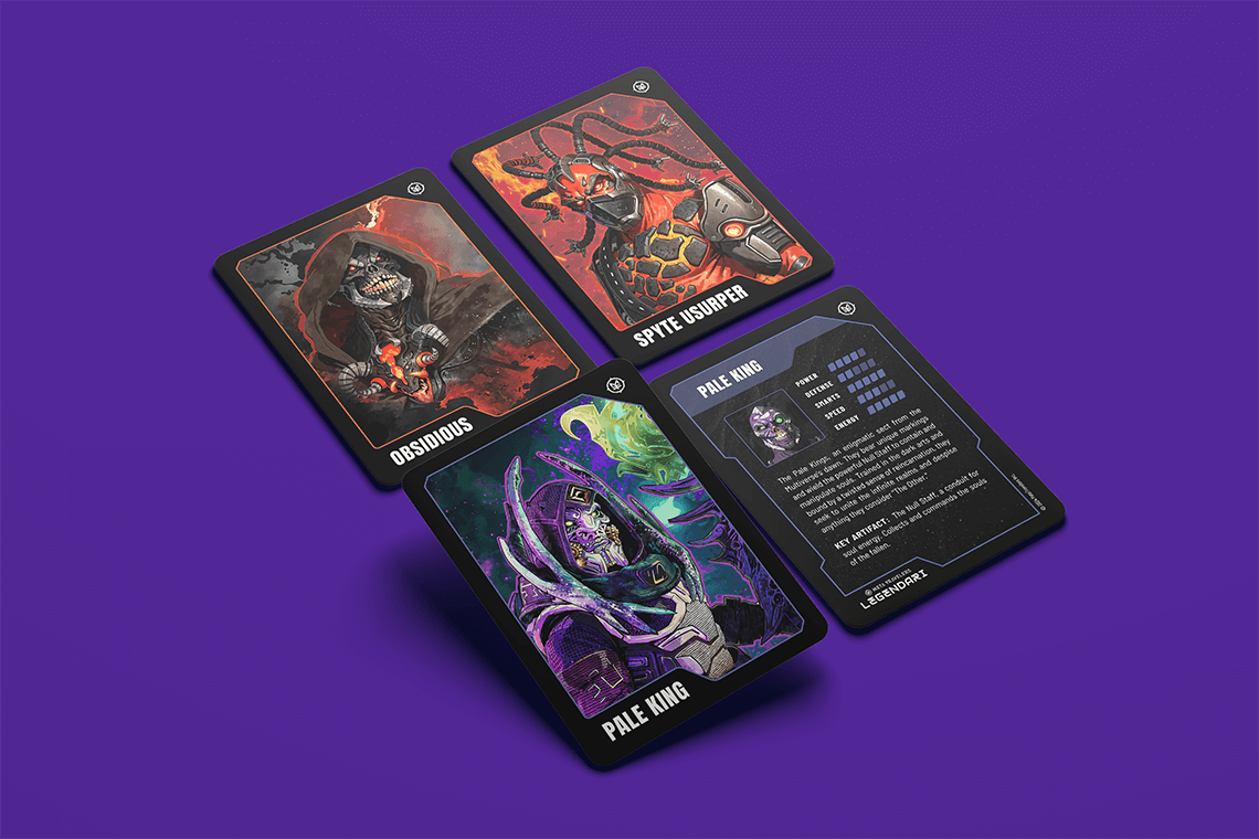 trading collector card game design for sci-fi comic book action figure brand MetaTravelers by graphic designer Rick Martin