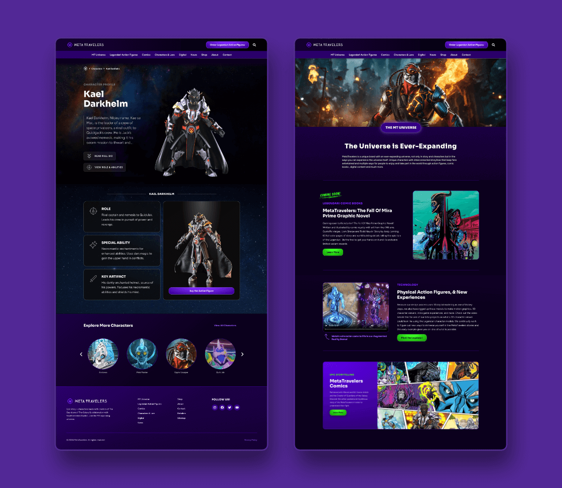 professional web design and ui design for sci-fi comic book action figure brand MetaTravelers by graphic designer Rick Martin