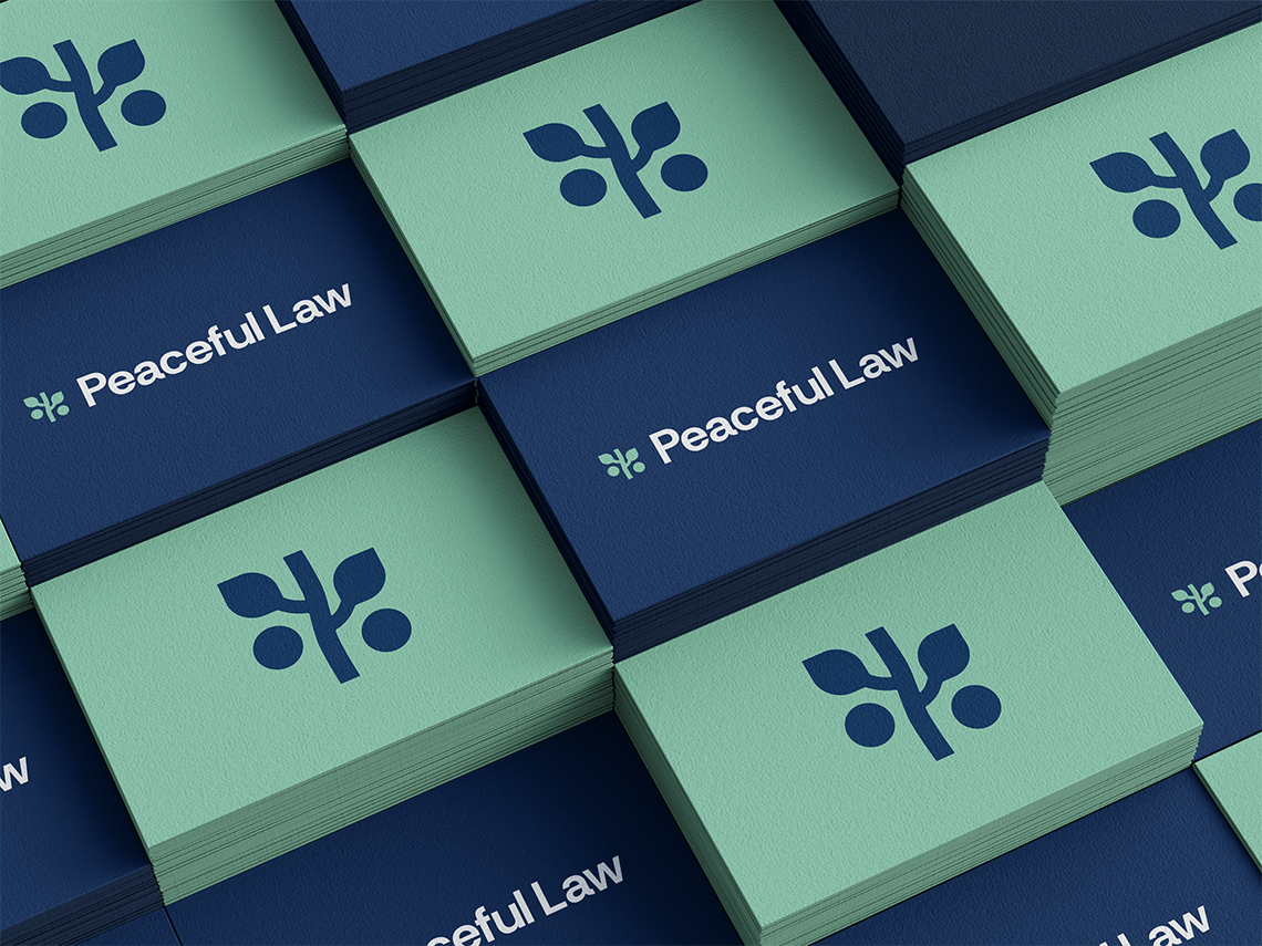 Creative business card design for modern lawyer and attorney Peaceful Lawfirm by logo designer Rick Martin