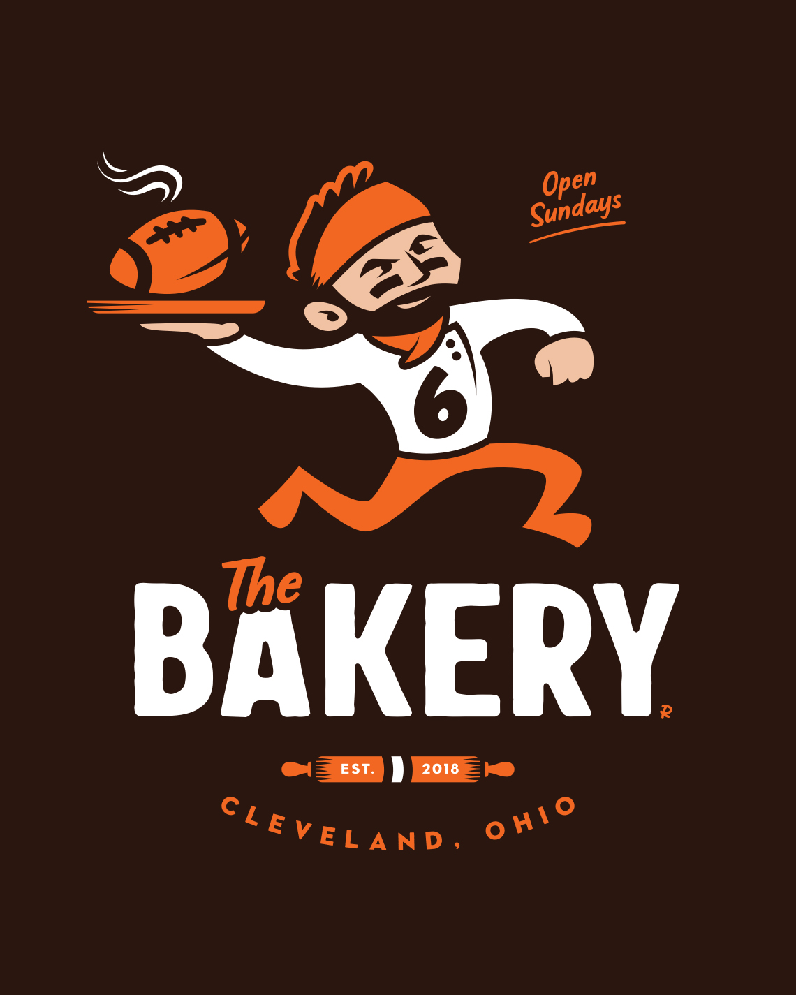 cartoon vintage logo of Cleveland browns quarterback baker mayfield as mascot for the bakery, restaurant cafe, drawn by artist Rick Martin