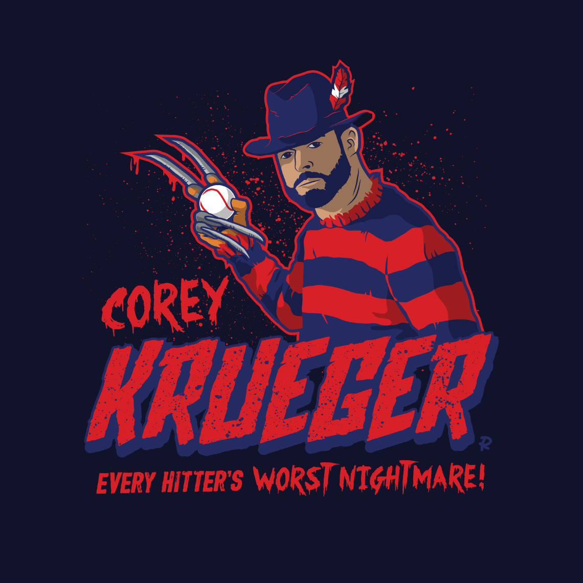 cartoon parody of Cleveland indians guardians pitcher Corey kluber dressed as halloween horror character Freddie Krueger, with text Every Hitter's Worst Nightmare", drawn by artist Rick Martin