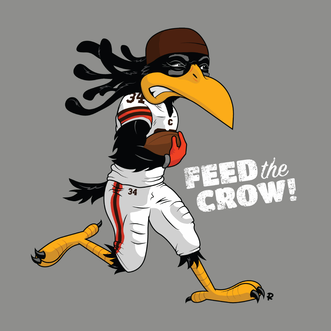 cartoon portrait of Cleveland browns football player Isaiah Crowell as a crow running back, representing the Feed The Crow expression popular with Browns fans, drawn by artist Rick Martin