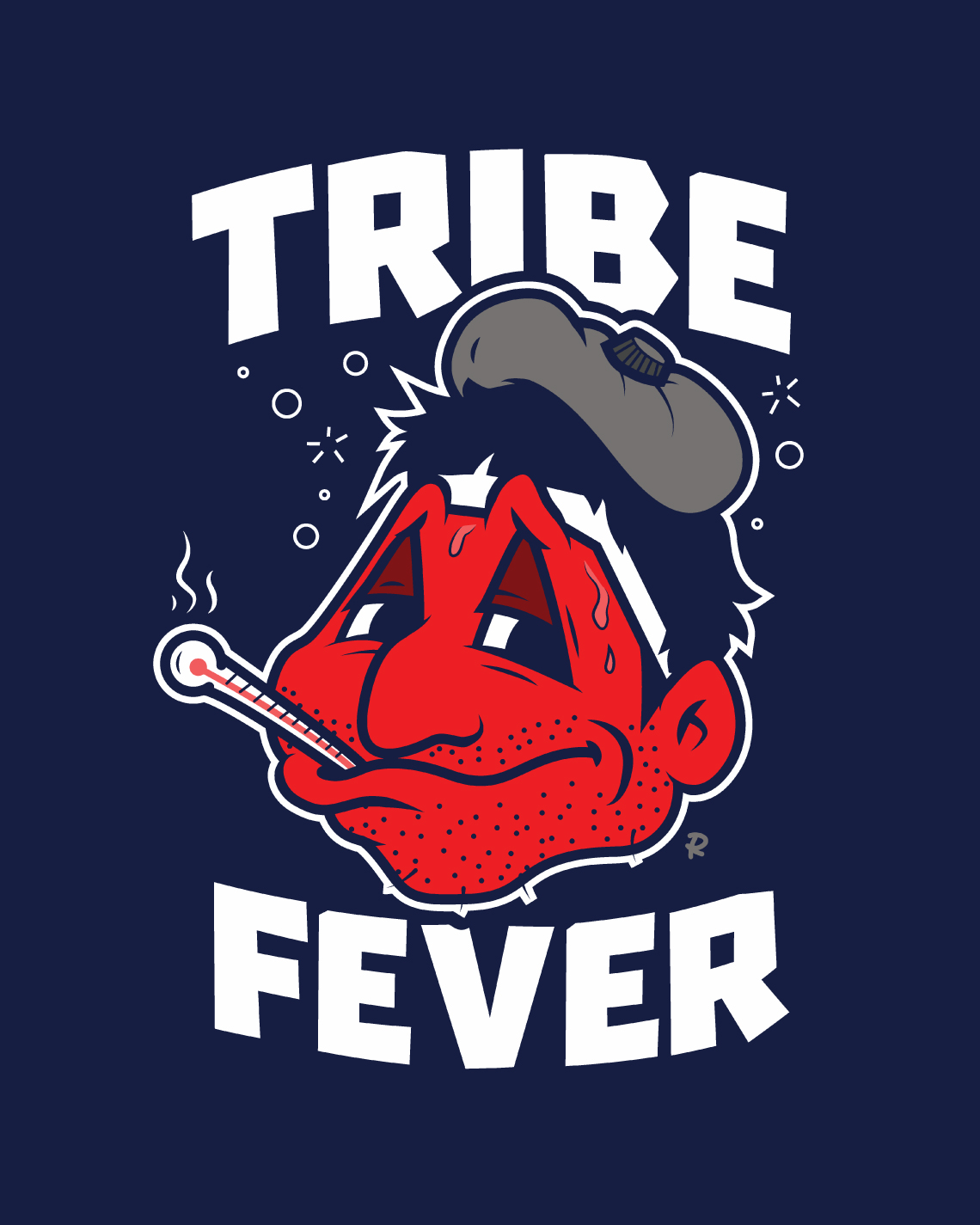 cartoon parody of Cleveland indians guardians mascot chief wahoo sick, representing tribe fever expression from Cleveland sports history, drawn by artist Rick Martin