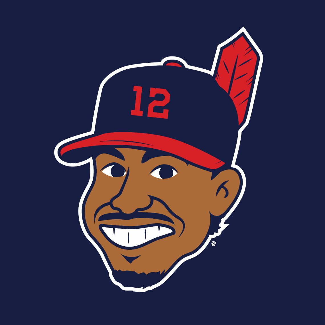 cartoon portrait of Cleveland Indians guardians baseball player Francisco lindor parody of chief wahoo logo, drawn by artist Rick Martin