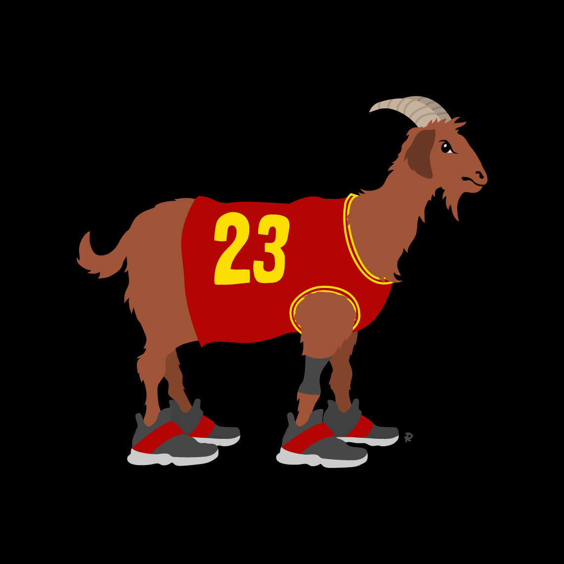 cartoon of goat wearing Cleveland cavalier basketball player Lebron James jersey and shoes, the goat greatest of all time debate, drawn by artist Rick Martin