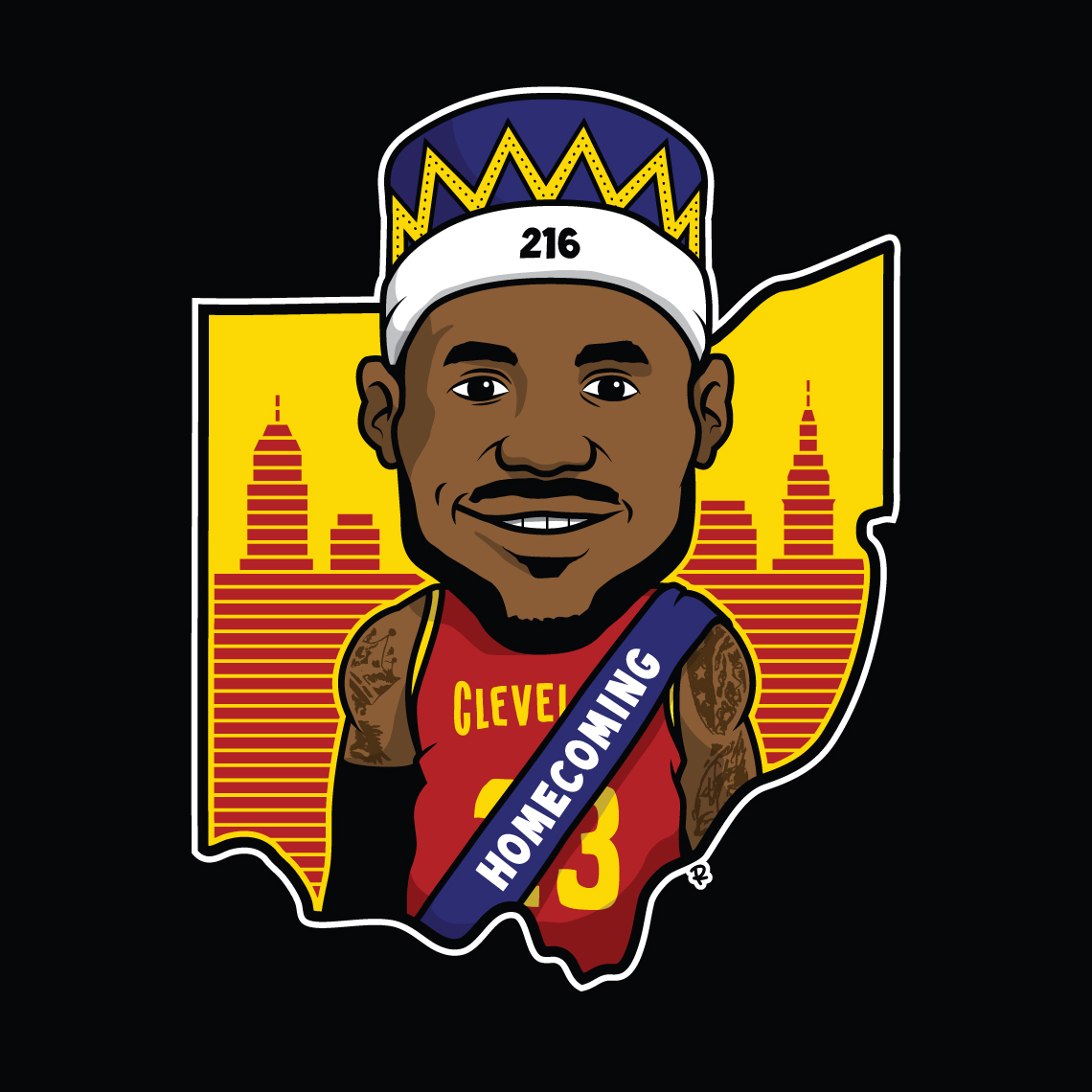 cartoon portrait of Cleveland cavalier basketball player lebron James dressed as homecoming king with Cleveland skyline in the Ohio silhouette, drawn by artist Rick Martin