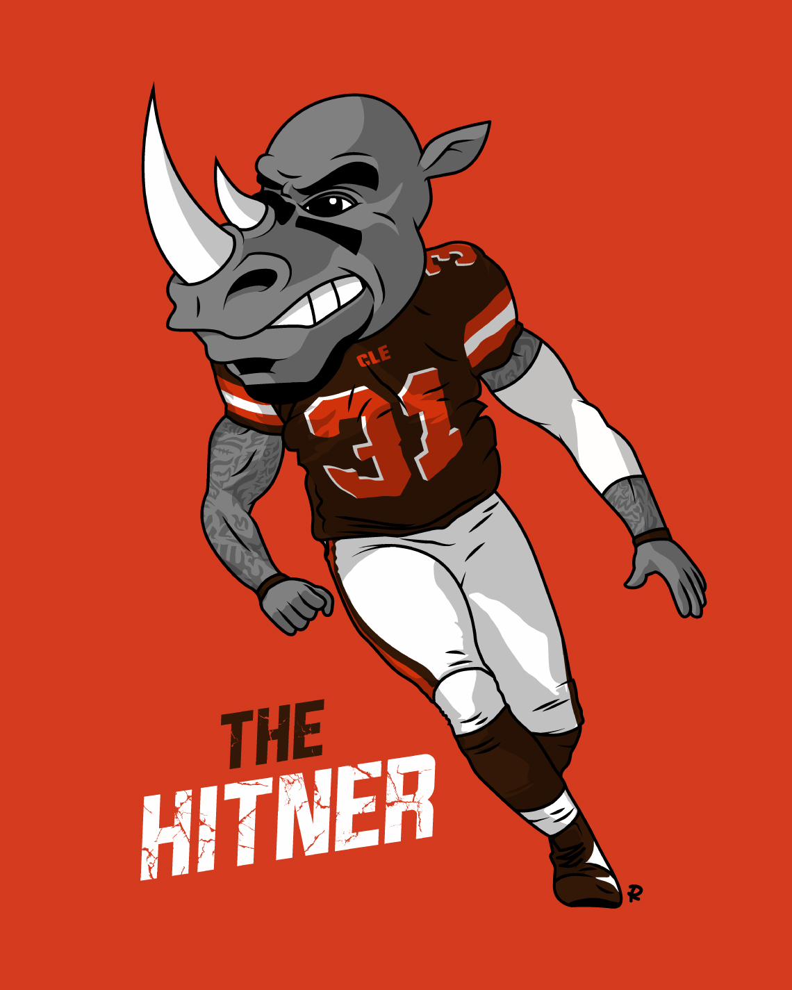 cartoon portrait of Cleveland browns football player Donte Whitner as a rhino character, drawn by artist Rick Martin