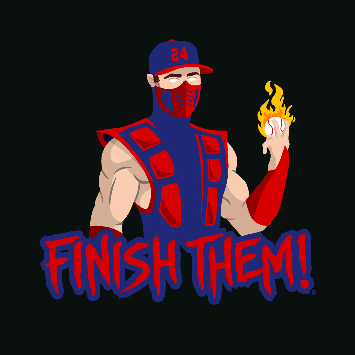 parody fan art of Cleveland Indians Guardians pitcher Andrew Miller as scorpion from mortal kombat video game, finish him lettering underneath, drawn by artist Rick Martin