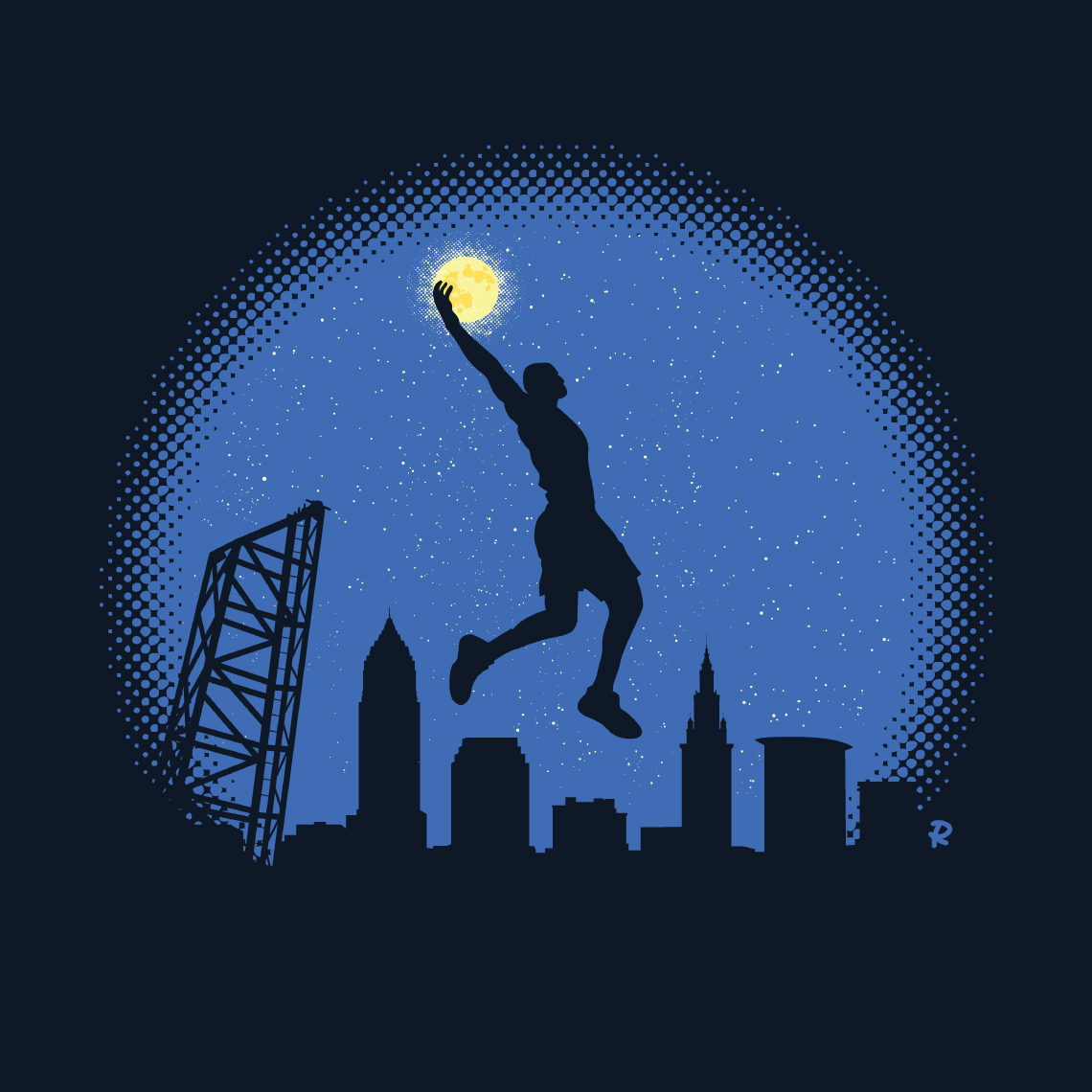 artwork of LeBron James signature dunk silhouette dunking the moon over the starry Cleveland night city skyline, drawn by artist Rick Martin