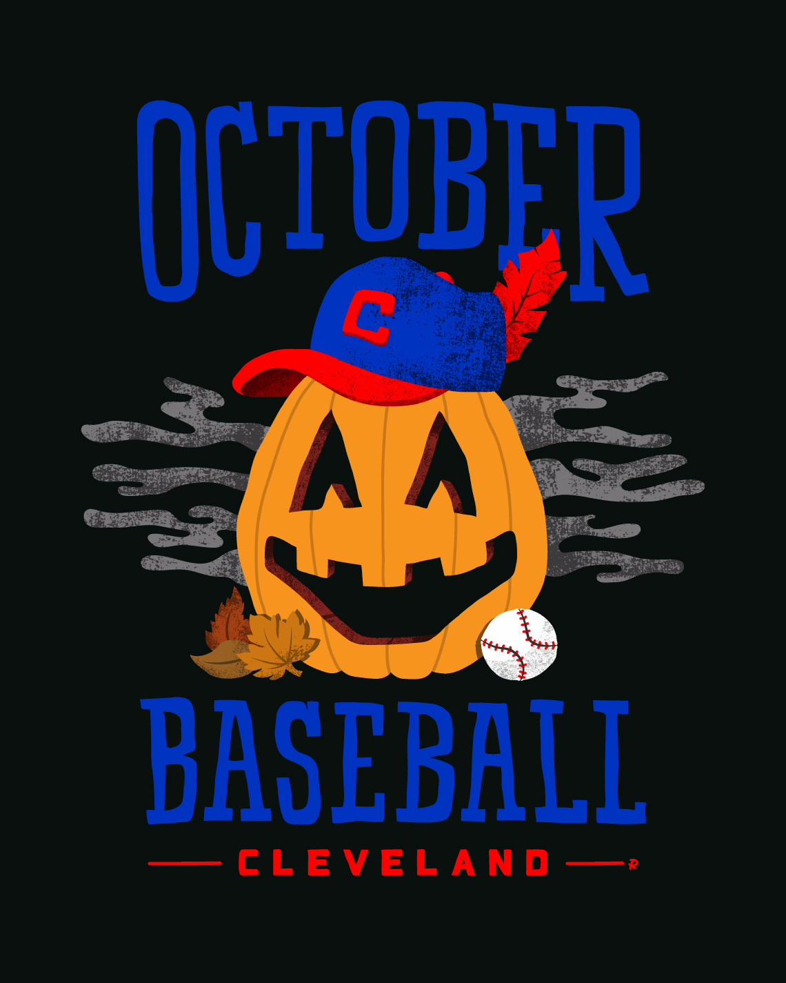 artwork of Cleveland baseball in the fall featuring chief wahoo jackolantern pumpkin with Cleveland baseball hat and leaves in halloween sky with custom hand lettering, drawn by artist Rick Martin