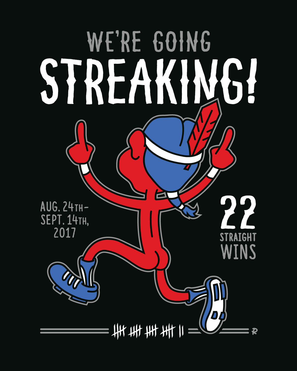 Cleveland Indians Guardians fan art cartoon of chief wahoo streaking naked after 2017 win streak, drawn by artist Rick Martin