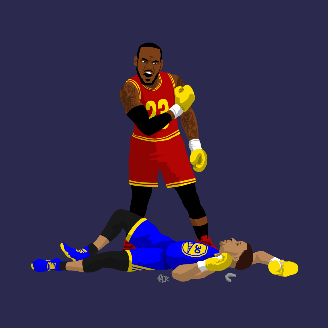 LeBron James cartoon parody of Muhammad Ali boxing, defeating Step Curry in championship 2016 Cleveland cavaliers fan art, drawn by artist Rick Martin