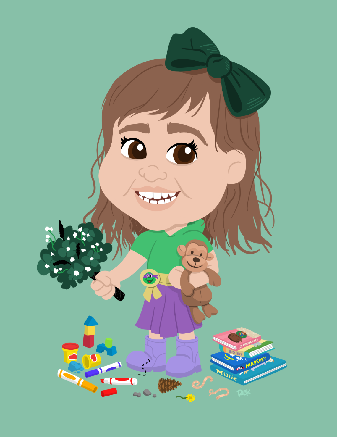 cartoon caricature portrait of little 3 year old girl toddler holding stuffed monkey with books and toys smiling, drawn by artist Rick Martin