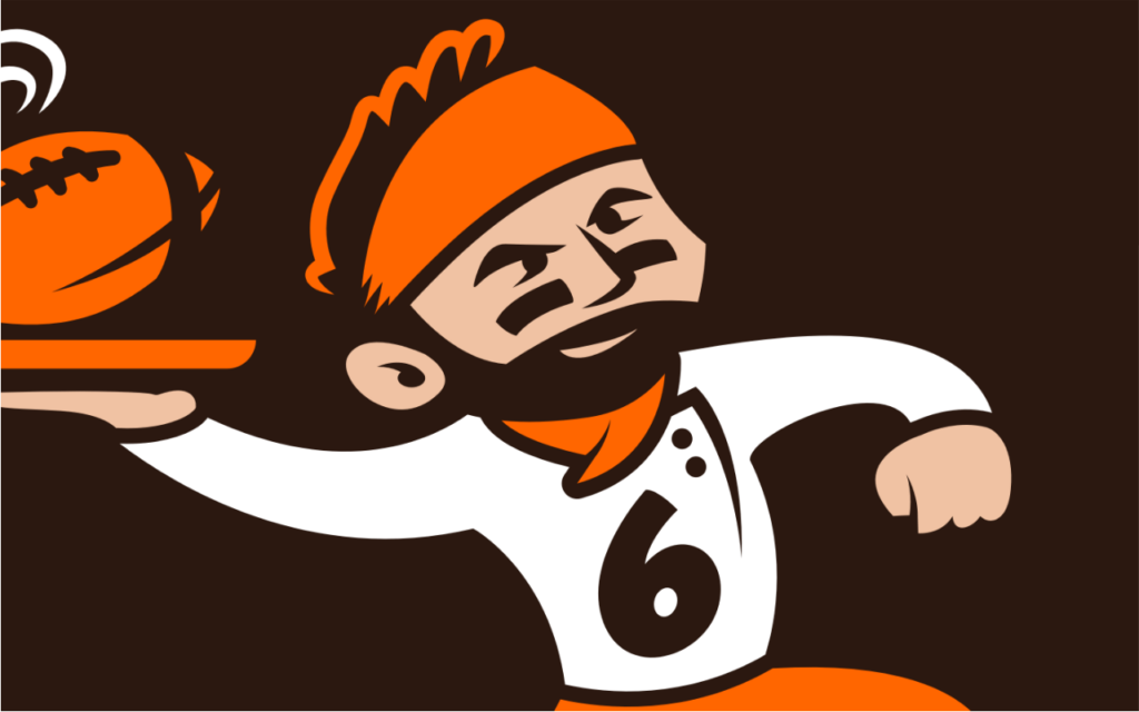 cartoon vintage logo of Cleveland browns quarterback baker mayfield as mascot for the bakery, restaurant cafe, drawn by artist Rick Martin