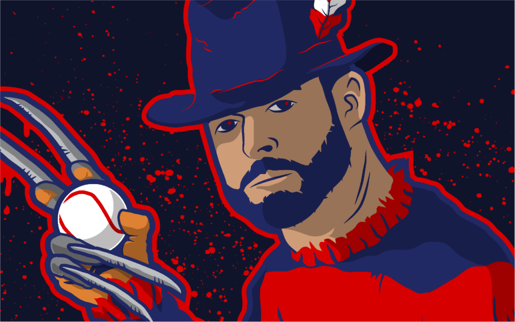 cartoon parody of Cleveland indians guardians pitcher Corey kluber dressed as halloween horror character Freddie Krueger, with text Every Hitter's Worst Nightmare", drawn by artist Rick Martin