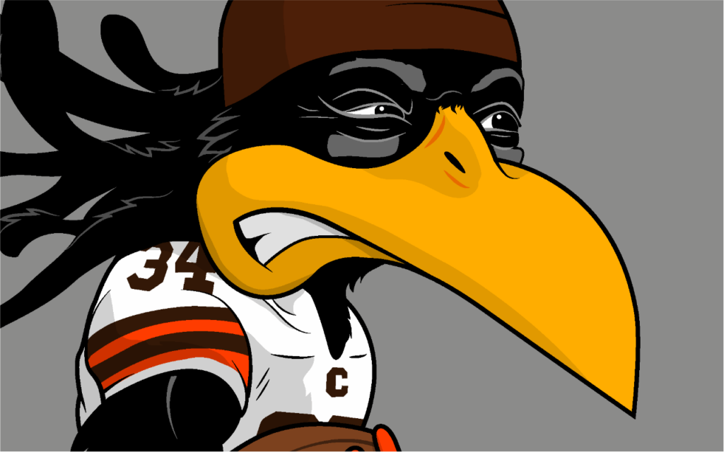 cartoon portrait of Cleveland browns football player Isaiah Crowell as a crow running back, representing the Feed The Crow expression popular with Browns fans, drawn by artist Rick Martin