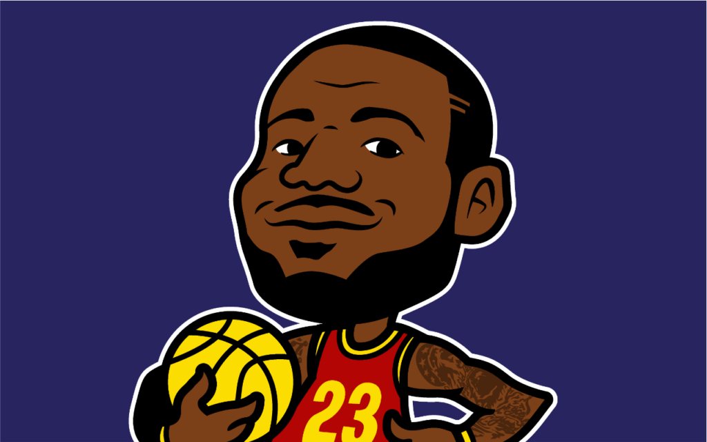 cartoon parody of Cleveland Cavalier basketball player LeBron James as Cleveland browns elf logo, drawn by artist Rick Martin