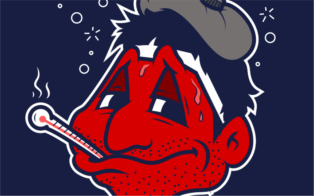 cartoon parody of Cleveland indians guardians mascot chief wahoo sick, representing tribe fever expression from Cleveland sports history, drawn by artist Rick Martin