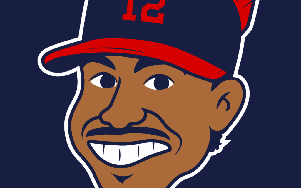 cartoon portrait of Cleveland Indians guardians baseball player Francisco lindor parody of chief wahoo logo, drawn by artist Rick Martin