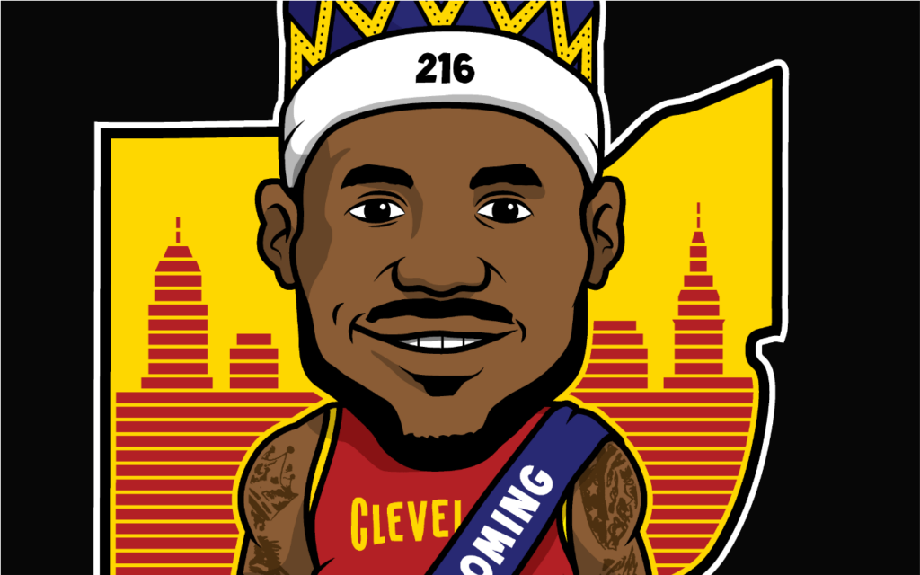 cartoon portrait of Cleveland cavalier basketball player lebron James dressed as homecoming king with Cleveland skyline in the Ohio silhouette, drawn by artist Rick Martin