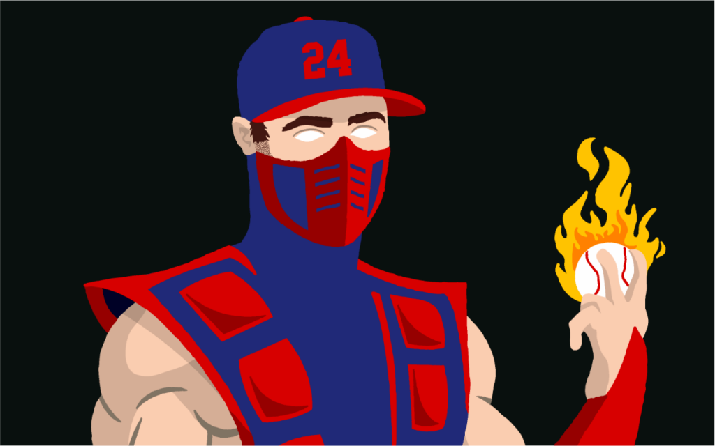 parody fan art of Cleveland Indians Guardians pitcher Andrew Miller as scorpion from mortal kombat video game, finish him lettering underneath