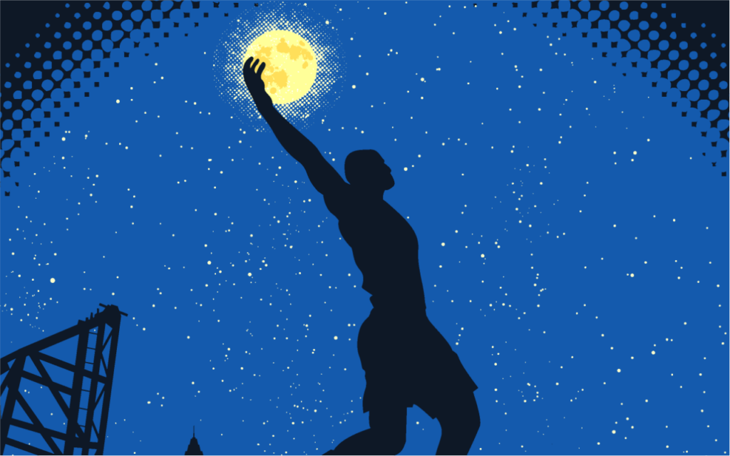 artwork of LeBron James signature dunk silhouette dunking the moon over the starry Cleveland night city skyline