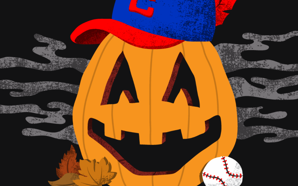 artwork of Cleveland baseball in the fall featuring chief wahoo jackolantern pumpkin with Cleveland baseball hat and leaves in halloween sky, drawn by artist Rick Martin