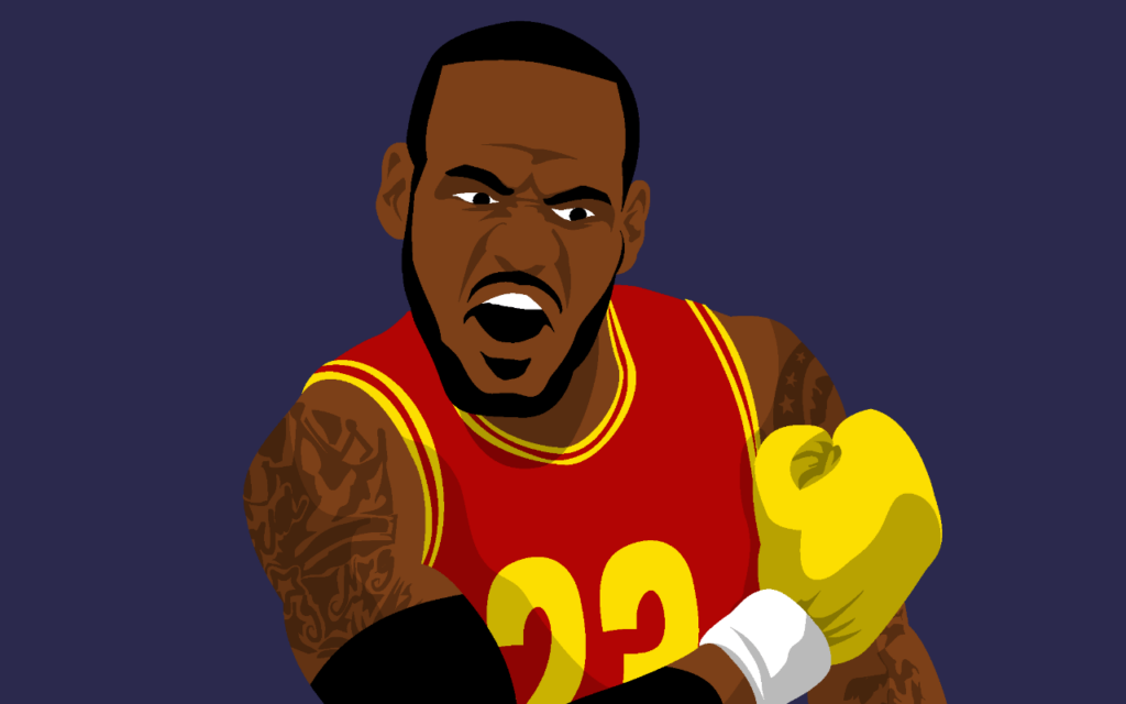 LeBron James cartoon parody of Muhammad Ali boxing, defeating Step Curry in championship 2016 Cleveland cavaliers fan art, drawn by artist Rick Martin